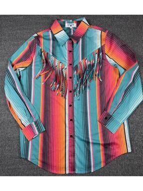 Crazy train Western Cowgirl fringe button down top Size S/M Aztec Rodeo